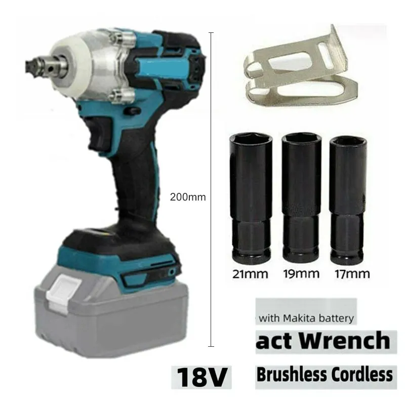 

18v Electric Brushless Impact Wrench 1/2'' Rechargeable Cordless Wrench with 3 Socket Adapter 17mm 19mm 21mm Power Tools