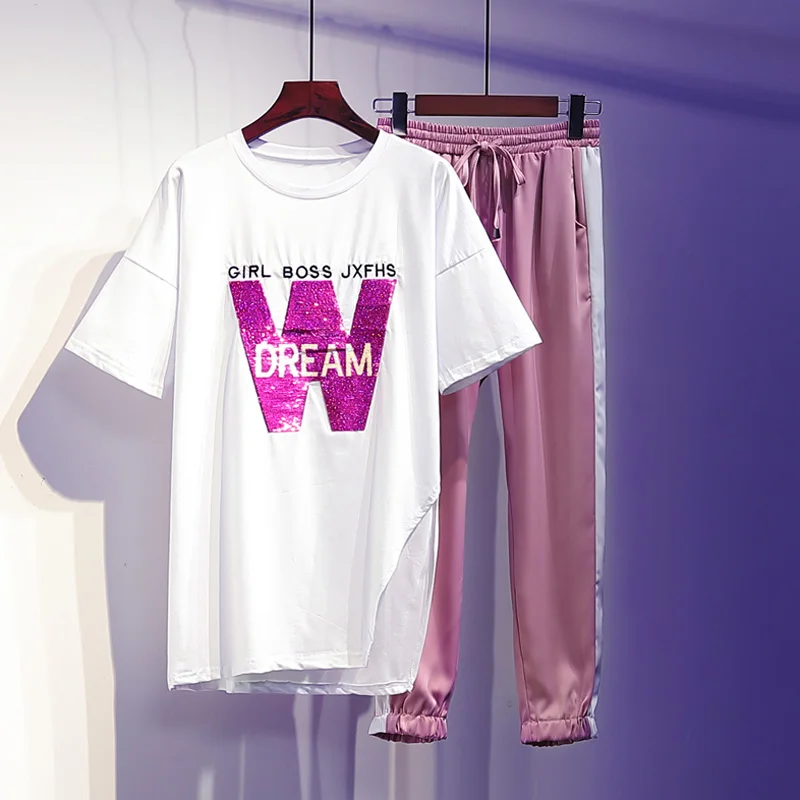 

Летняя женская одежда, комплект из двух предметов, длинная футболка с блестками, топы и брюки, большой размера плюс Metching, комплект, наряды, спортивный тренировочный костюм