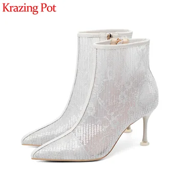 

Krazing pot sequined cloth bling pointed toe high heels European design beauty lady sunscreen breathable ankle summer boots L23