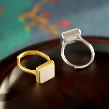 

S925 pure silver gold Qinghai Hetian white polygon geometric temperament simple female ring set wedding band