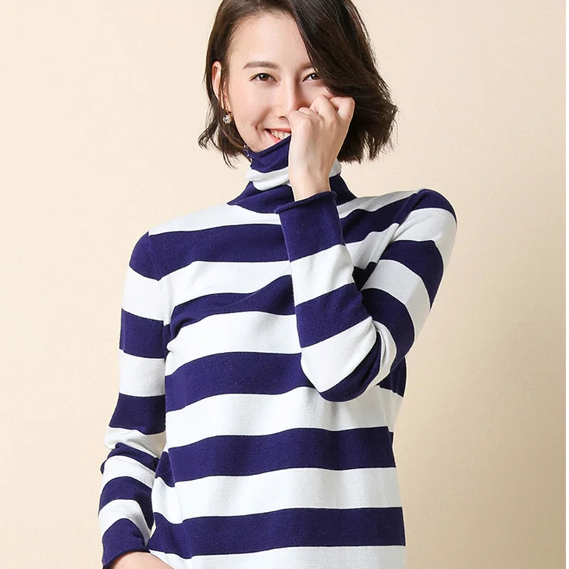 Женский трикотажный свитер GCAROL, теплая водолазка в полоску с содержанием шерсти 30%, стрейчевый джемпер, трикотажный пуловер размера 2XL для осени и зимы - Color: Blue Stripes