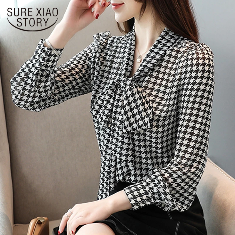 

blouses woman blusas mujer de moda2019 ladies tops Office Lady Bow Plaid long sleeve chiffon shirts blusa mujer elegante 6436 50