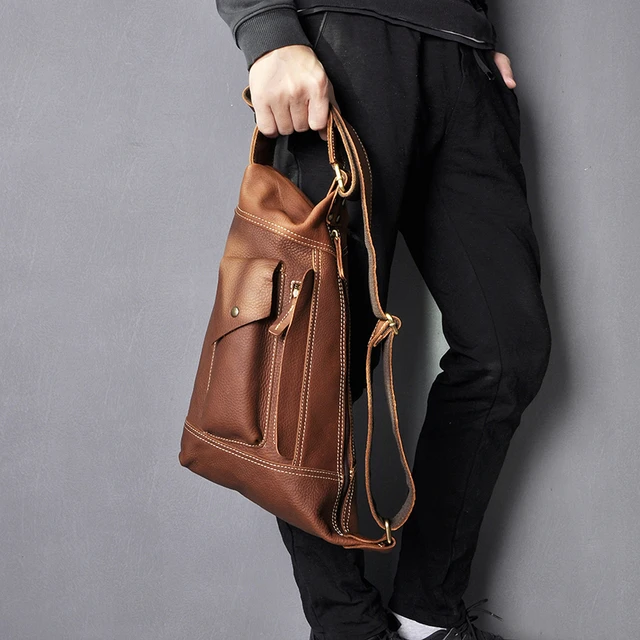 Full Grain Leather Men's Sling Bag Retro Leather Small Chest Bag Leather Satchel Bag for Mens Coffee / Design 3