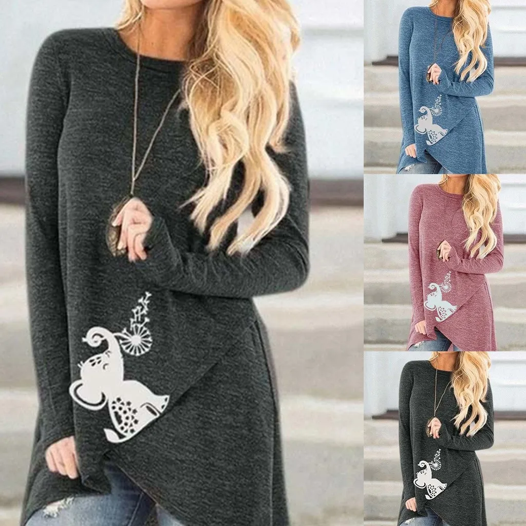 

TNew Style Blouses Shirts Women Fashion Long Sleeve Elephant Printed Shirt Irregualar Hem Pullover Top Blouse blusa feminina @45