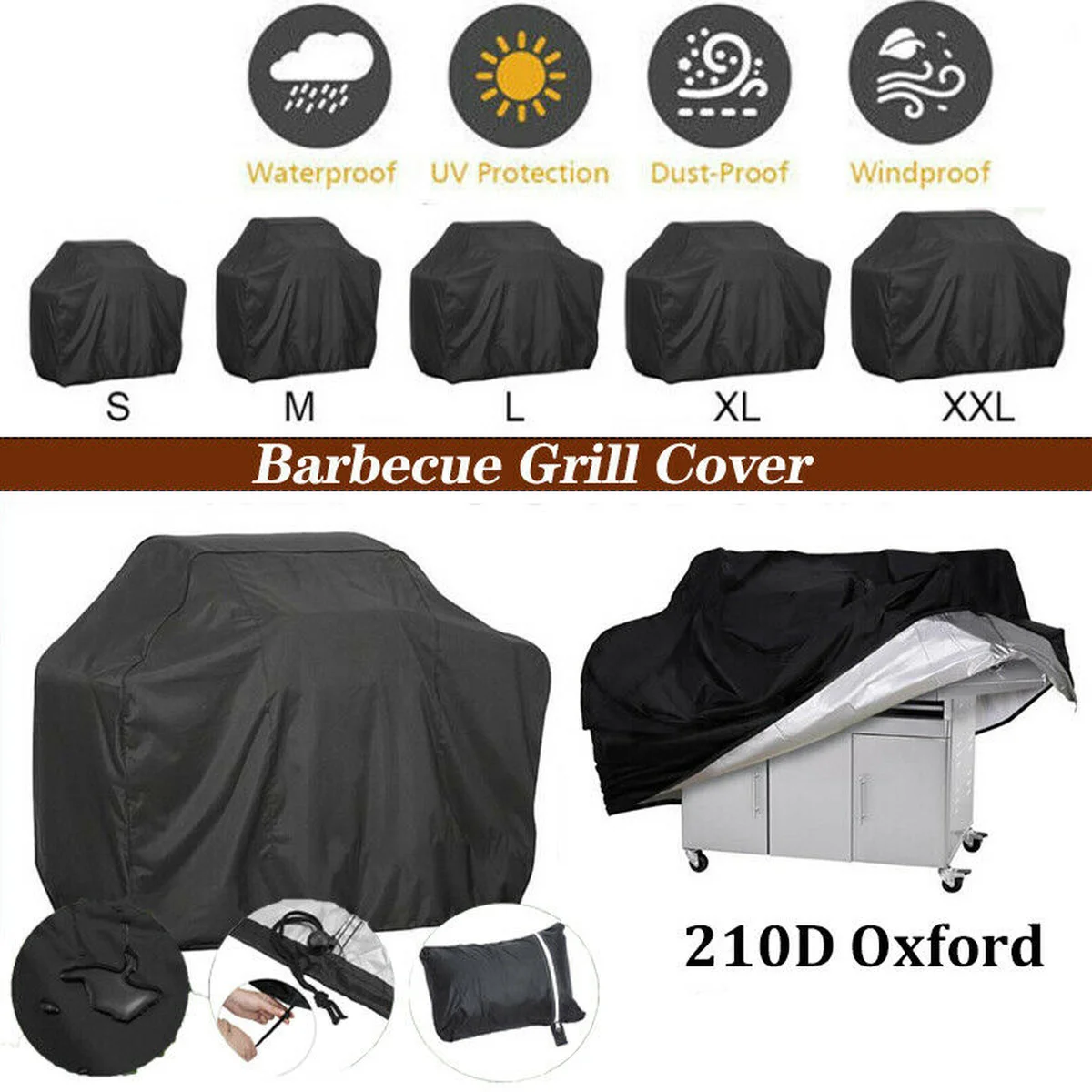 Фото XS-XXXL Heavy Duty Waterproof BBQ Covers Black 210D Oxford Cloth Patio Gas Smoker Grill Barbecue Protector Outdoor Cover | Дом и сад