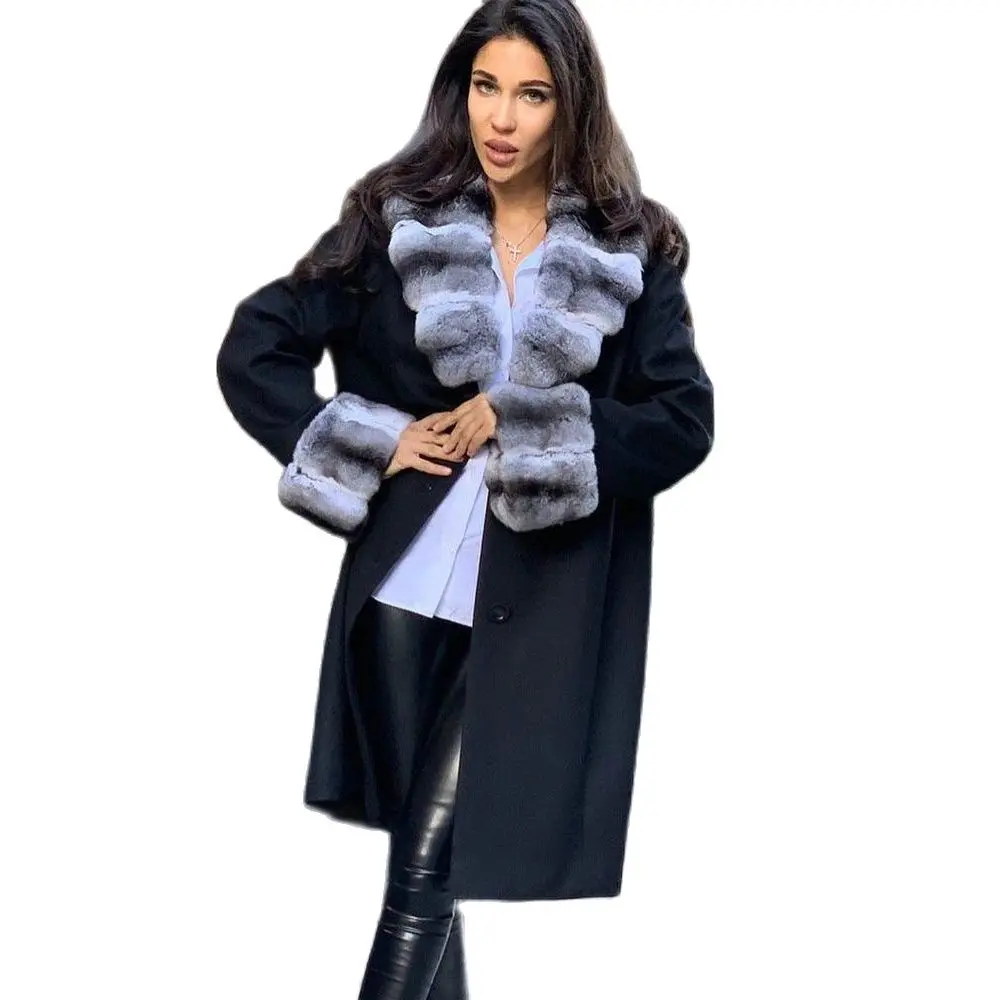 Black Wool Blends Coats with Rex Rabbit Fur Turn-down Collar Luxury Women High Quality Genuine Rex Rabbit Fur Cashmere Overcoats