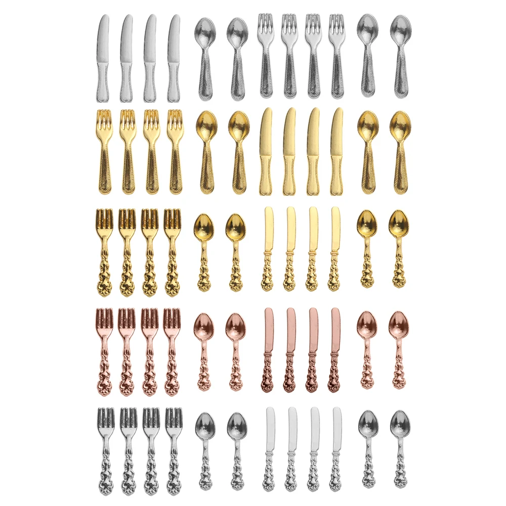 12Pcs 1:12 Mini Vintage Dollhouse Miniatures Tableware Gold Silver Metal Cutlery Knife Fork Spoon Kitchen Food Furniture Toys kitchen toys pretend kitchen toys doll house toys dollhouse furniture set