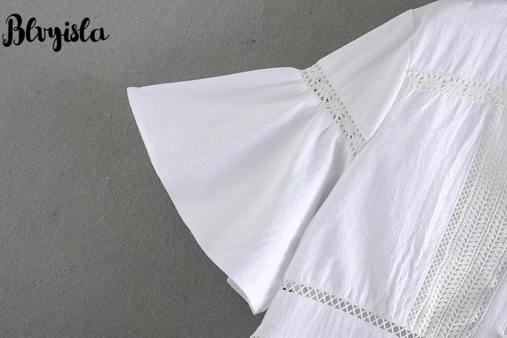 Blvyisla Solid White Color Lace Stiching Short Flare Sleeve Long Beach Dress Female Sexy V neck Holiday Long Dresses