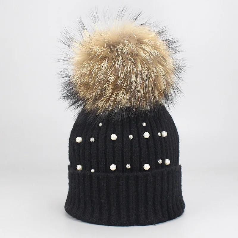 Pom Pom Beanie Hat Women Warm Knitted Bobble Real Fur Pompom Hat Pearl Beanies Children Real Raccoon Fur Pompon Sequins Winter - Цвет: B