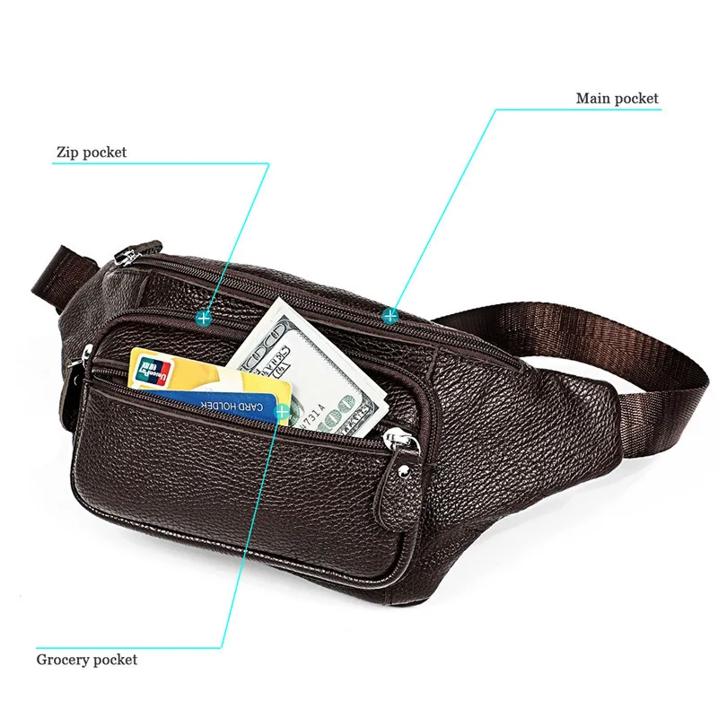 

cow leather Travel Waist Pack Fanny Pack men Leather Belt Waist bag phone pouch high quality chest messenger bag for man