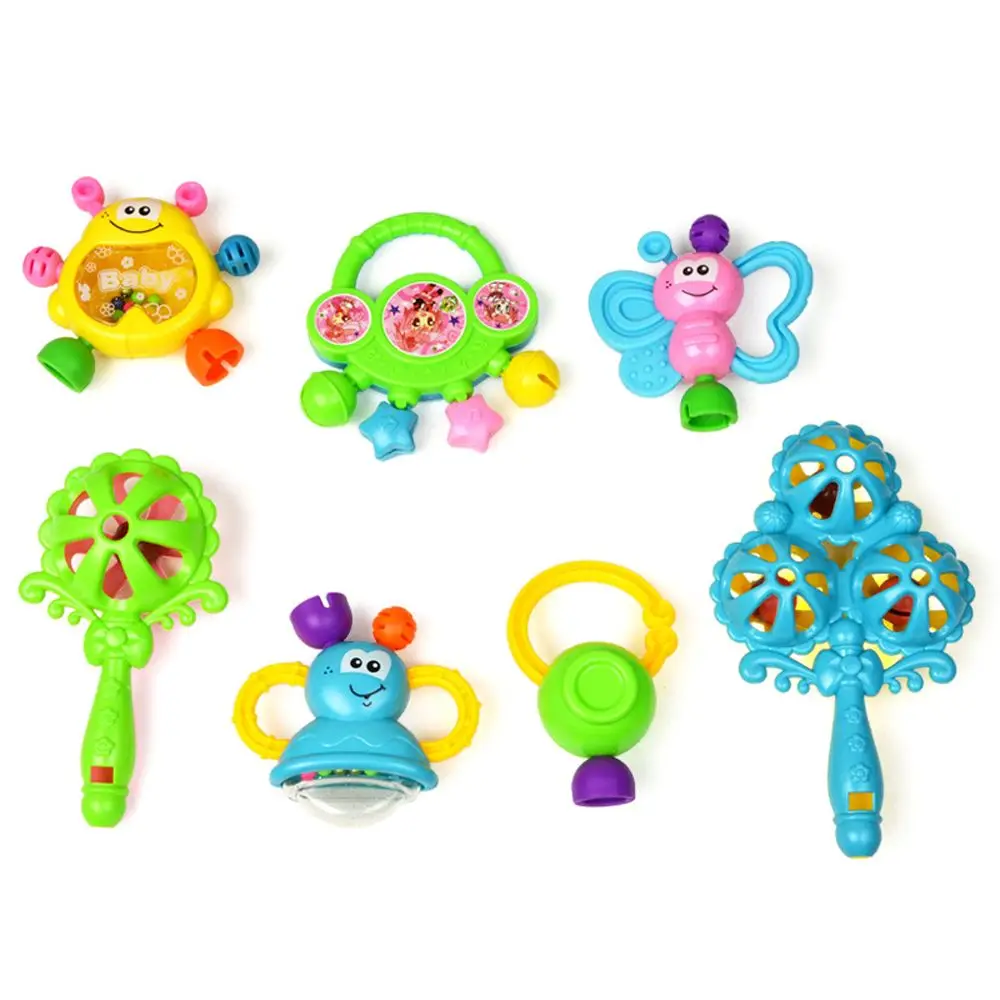 7Pcs/Set Cute Crib Teething Training Plastic Gift Toddler Baby Teether Hand Shaking Educational Toys Bell Rattles Infant Toys