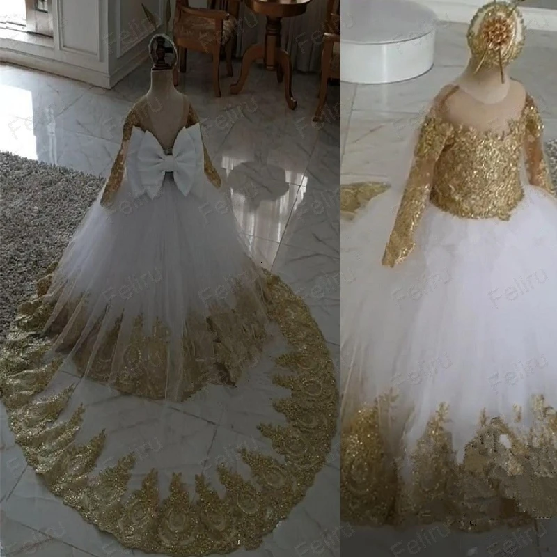 

Princess Gold Lace Ball Gown Girls Pageant Dresses Long Sleeves Sequined Knot Bow Back Girls Birthday First Communion Dresses