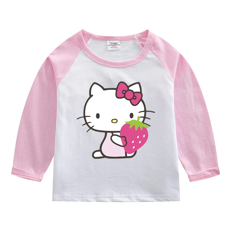 thumbnail image 1 of Hello Kitty Hit Color niños Casual algodón de manga larga chica estampado de dibujos animados patrón cuello redondo camisa de fondo camiseta de bebé, 1 of 5