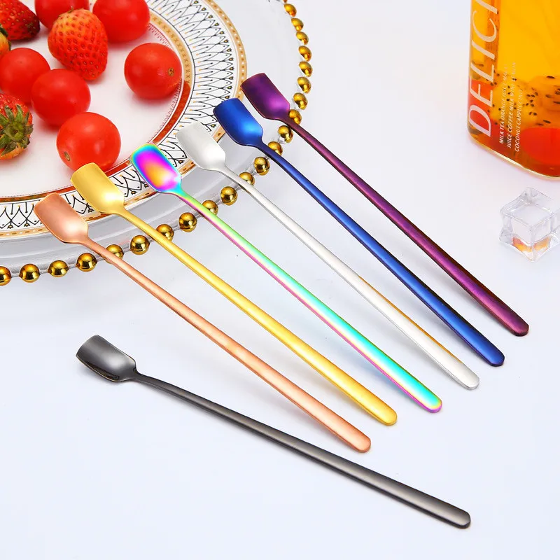

Teaspoon Long Handle Coffee Spoons Sugar Dessert Flatware Hanging Cup Spoons Drinking Tools Kitchen Gadget Rose Gold Flatware