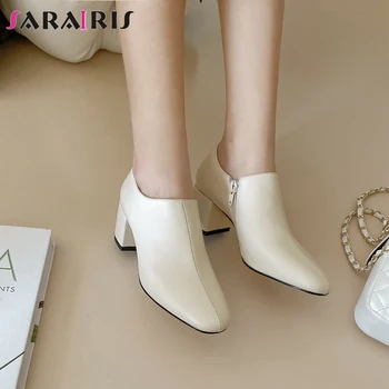 

SARAIRIS Concise Spring Genuine Leather Shoes Woman Trendy Square Toe OL Pumps Women 2020 High Heels Office Pumps