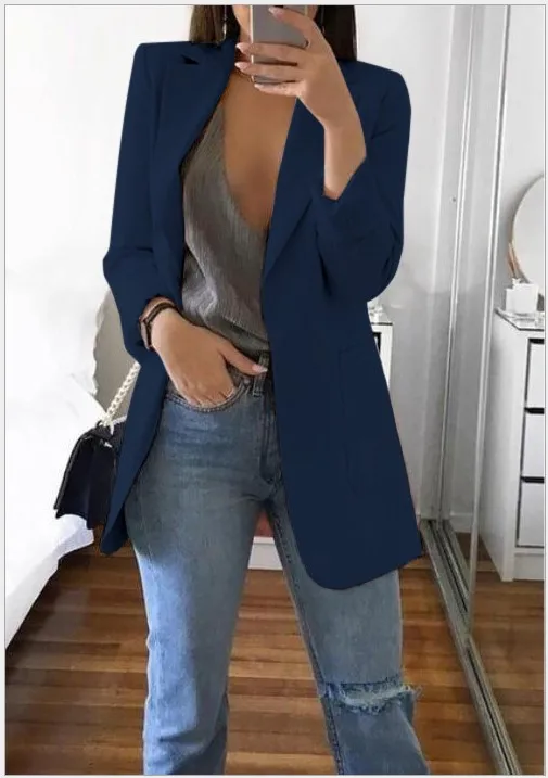 Блейзер feminino S-5XL, Модный Тонкий Блейзер для женщин, осенний пиджак, Женский офисный костюм с карманами, деловой Блейзер, пальто - Цвет: Тёмно-синий
