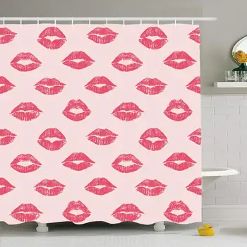 

Shower Curtain Set with Hooks 60x72 Female Lips Collection Seamless Lipstick Makeup Kiss Mouth Romantic Pattern Miscellaneous