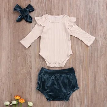 

Autumn Winter Newborn Baby Girl Clothes Set Long Sleeve Ruffle Romper Tops High Waist Velvet Shorts Headband 3Pcs Infant Outfits