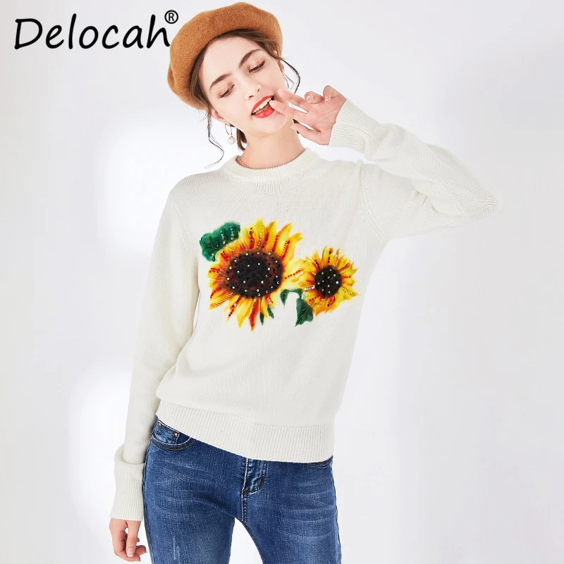 

Delocah 2020 Spring Women Sweater Runway Fashion Designer Long Sleeve Gorgeous Beading Appliques Solid Printed Slim Sweaters