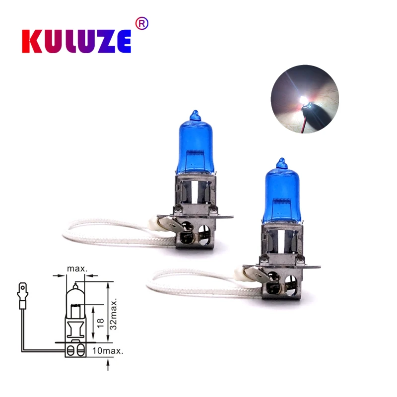 KULUZE 10개입 H3 자동차 할로겐 램프 12V55W 슈퍼 화이트 5500K 석영 유리 자동차 라이트 100W Pk22s 헤드램프 안개등 전구 도매
