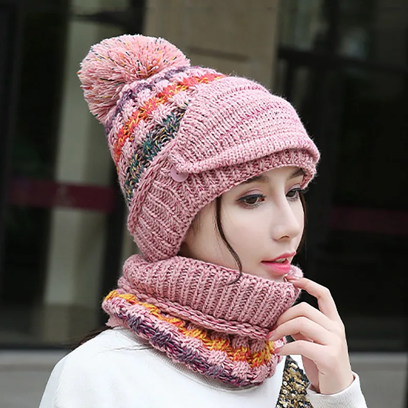 

6 Color Winter Warm Beanie Hat Scarf Face Mask Set Thick Patchwork Detachable Knitted Cap New Neck Warmer Headwear One Size