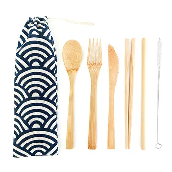 

6PCS Natural Biodegradable Portable Eco Friendly Cutlery Set Bamboo Spoon Fork Chopsticks Travel Utensils Flatware Set