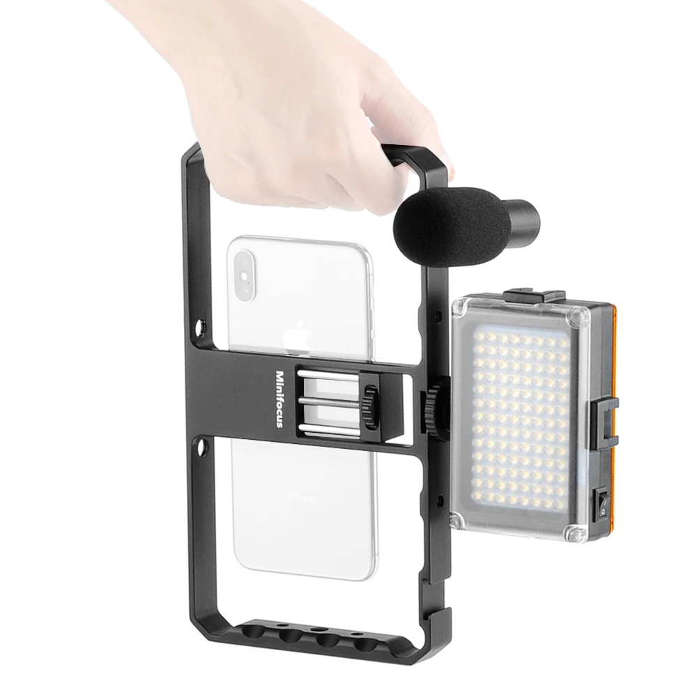 

Smartphone Video Rig with Microphone LED Light Grip Dual Handle for Mobile Cell Phone Vlog Vlogging Kit Equipment for Videomaker