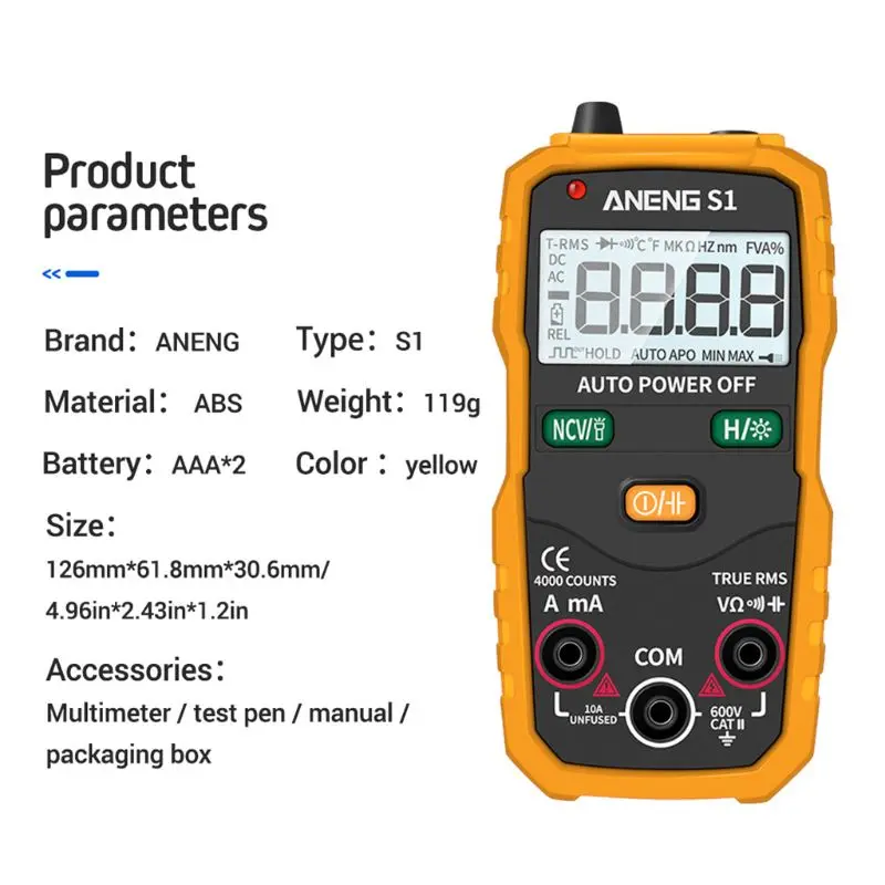 S1 Цифровой мультиметр автоматический диапазон True RMS NCV с ЖК-подсветкой фонарик 4000 отсчетов удержания данных