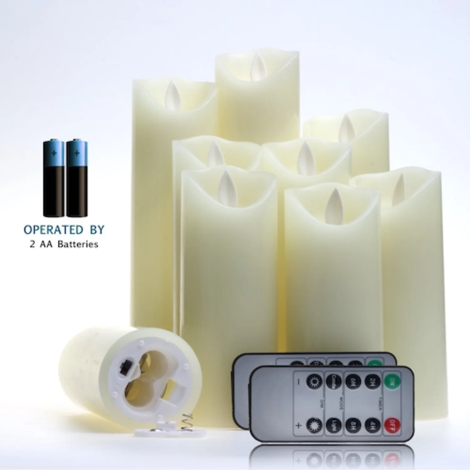 

Flameless Candles 5" 5.5" 6" 7" 8" 9" Pack of 9 Ivory Real Wax Pillars & Moving LED Flame Battery Operated Wick Candles and 10-K