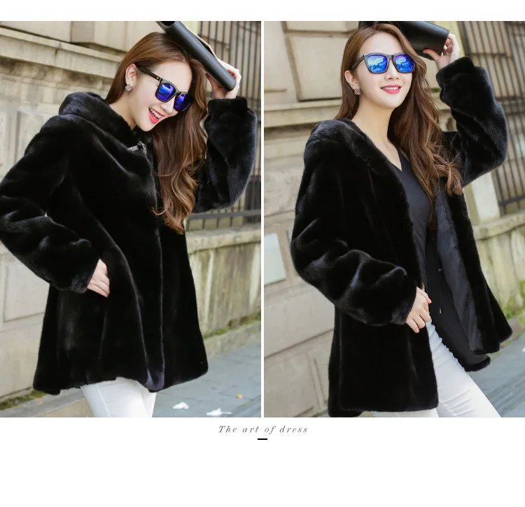 Winter Thick Fur Young Women Medium-long Hooded Water Mink Fur Jacket Plus Size 8XL Ladies Warm Clothes Coats And Outwear G1266