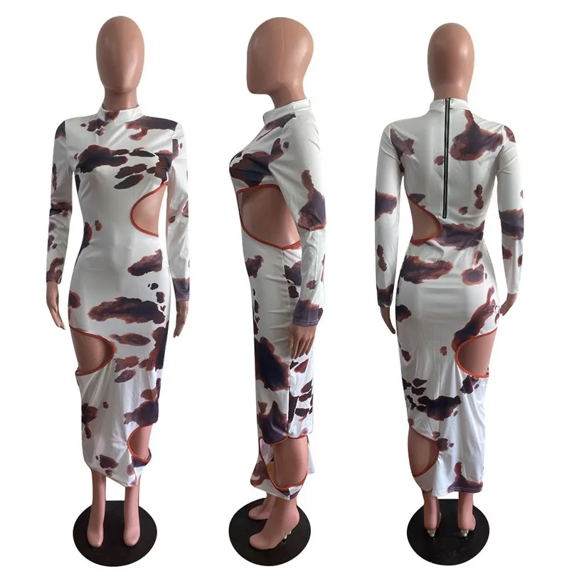Hollow Out Holes Random Print Maxi Dresses For Women Sexy Skinny Pullover Autumn Outfit Attractive Party Club Streetwear