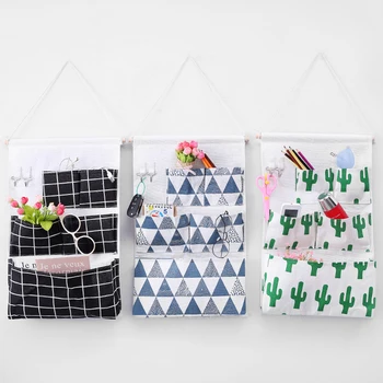 

Wall Hanging Storage Bags Cactus grid Pattern 5 Pockets Cotton Linen Storage Bag Sundries Jewelry Makeup Organizer 1PC