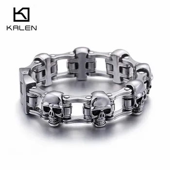 

High Quality Real 316 Stainless Steel Link Chian Bracelets For Men Heavy Chunky Skull Head Charm Bracelet Punk Biker Jewel