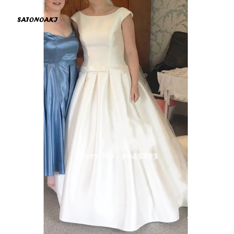 SATONOAKI Последние Свадебные платья для невесты с пуговицами на спине Vestido de noiva с глубоким вырезом и бантом, свадебное платье с короткими рукавами