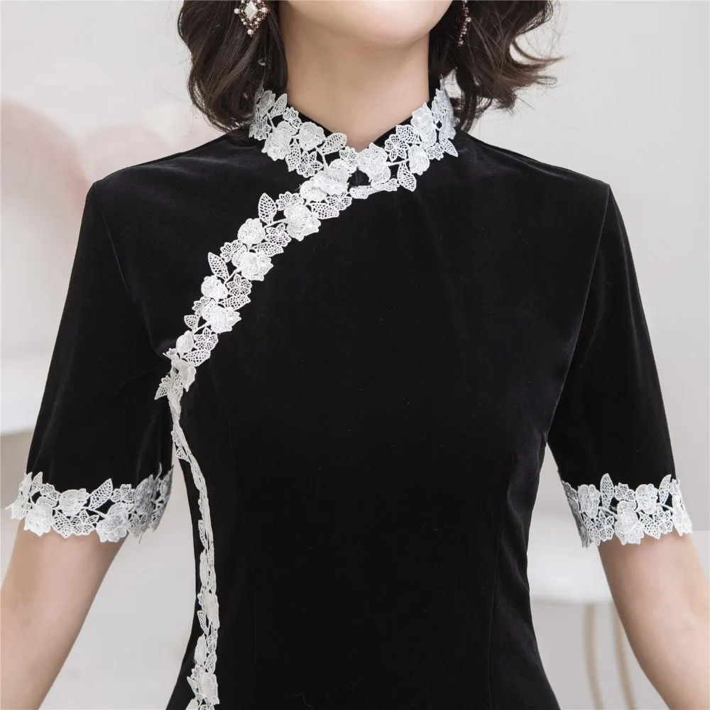 Шанхай история кружева каймы по колено Cheongsam велюровое традиционное китайское Ципао платье