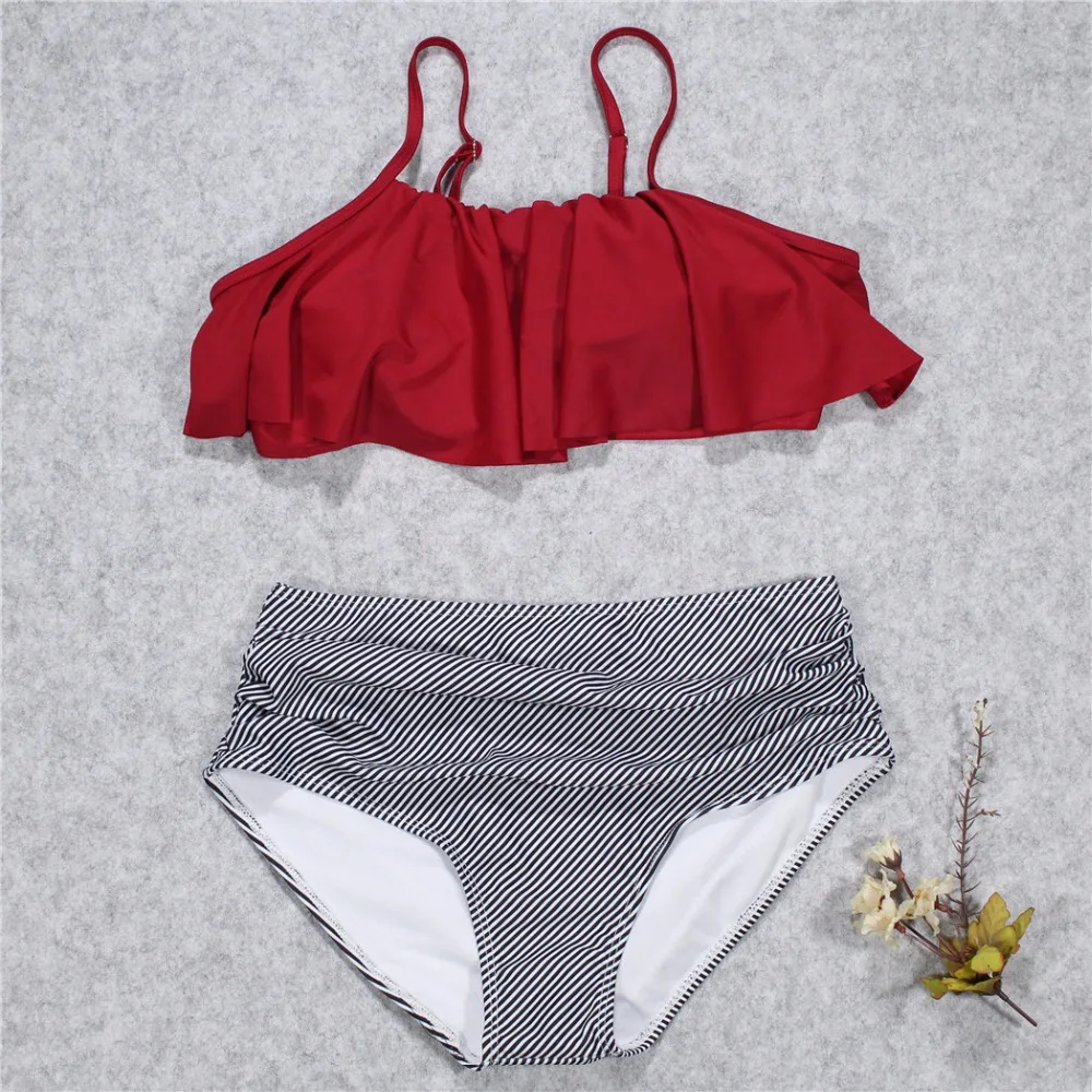 

Women Ruffle Vintage Bikini Set Swimsuit Brazilian Plus Size Push Up Bandage Striped Bottom Bathing Suits