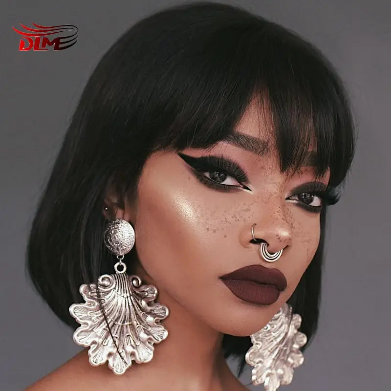 

DLME Synthetic Short Wigs With Bangs for Black Women Straight Bob Wig With Bangs Heat Resistant Fiber Hair Cosplay