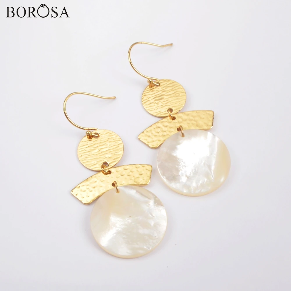 

BOROSA 5/10Pairs Gold Electroplating Copper Slice Round White Shell Drop Earrings Mother of Pearl Dangle Earrings Jewelry G1860