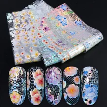 16pcs Nail Foil Set with Transfer Glue White Lace Holographic Flowers Sticker Nail Art UV Gel Full Wraps Decor Manicure LA931-1