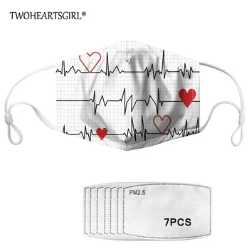 

TWOHEARTSGIRL Heartbeat Printed Face Mask for Women Kids Mouth Mask Dustproof Reusable Men Mouth Muffle with 7pcs Filers