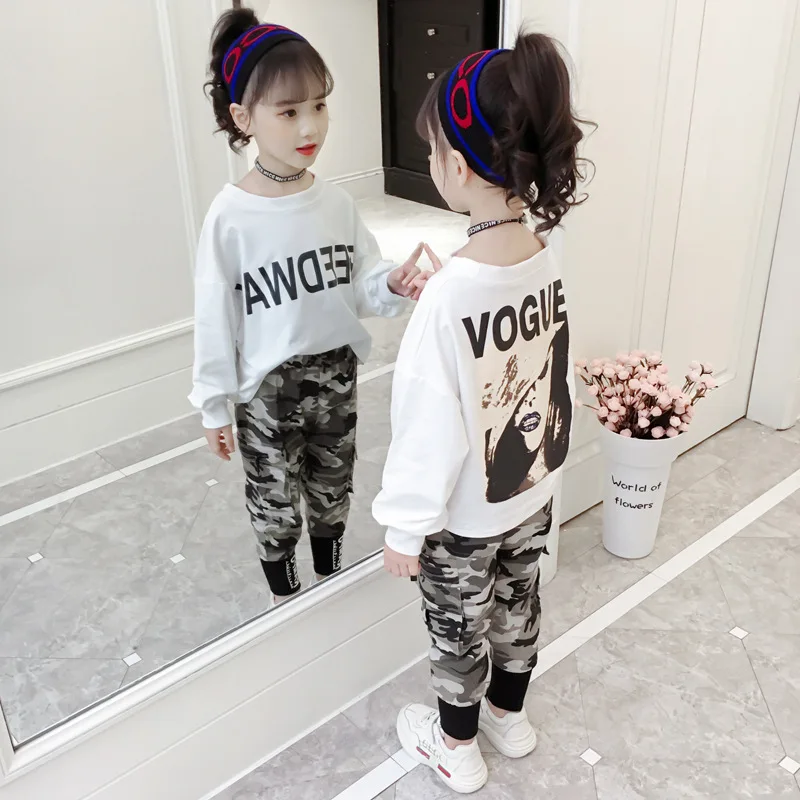 

Girl'S Suit 2019 Spring New Style Little Girl Casual Sweatshirt Camouflage Pants Baby Spring Clothing Two-Piece Set