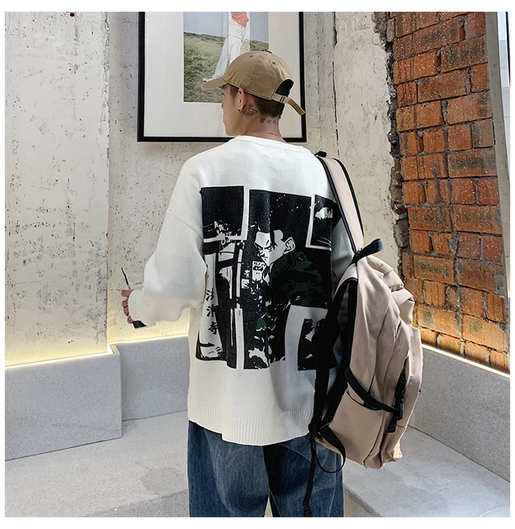 Autumn And Winter New Youth Male Printed Knit Sweater Fashion Casual Loose Pullover White Gray Khaki / Military Green S-XL