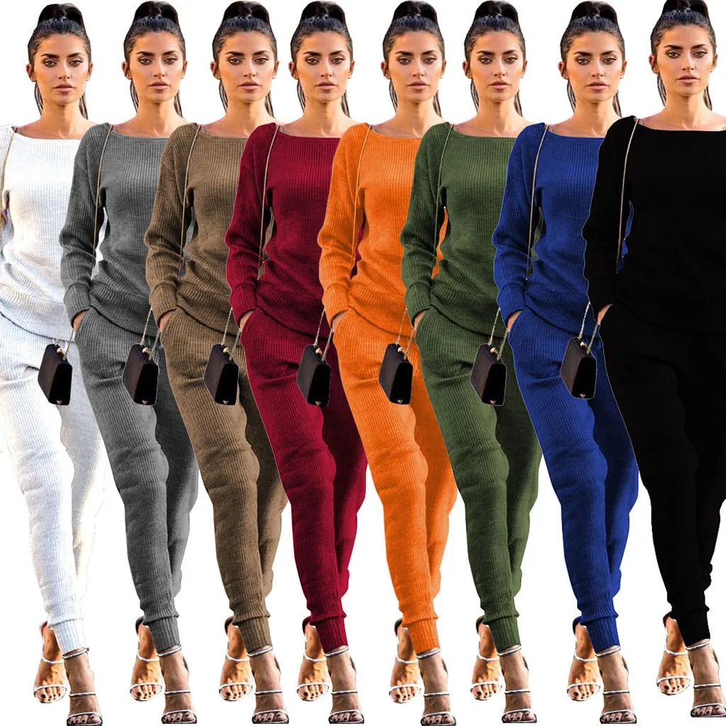 

2020 Women Casual Solid Spring Autumn comfy Cotton Trousers Set Crop Tops + Pants Winter simple hot sale