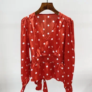 

100% viscose Polka dot printed V-neck women shirt long sleeve slim Bow Belt lady blouse tops 2020 new