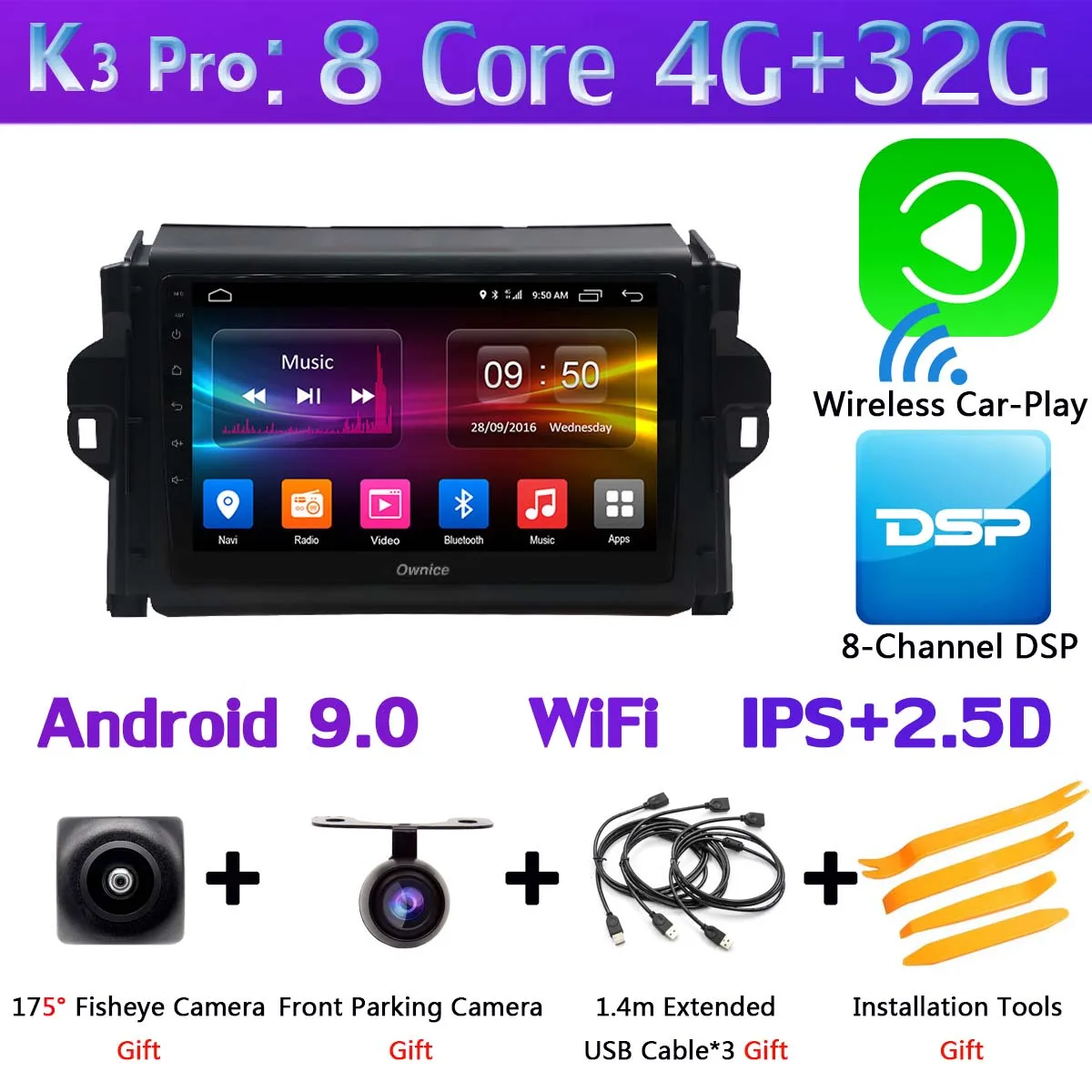 360°Camera Android 9,0 4+ 64G SPDIF DSP CarPlay автомобильный мультимедийный плеер для Тойота Королла gps радио головное устройство - Цвет: K3 Pro CarPlay