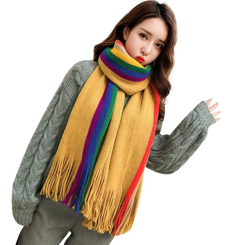 Осенний и зимний шарф женский Радужный полосатый толстый шейный шарф теплый шарф имитация кашемира кисточка шаль шарф для девочек - Цвет: Yellow