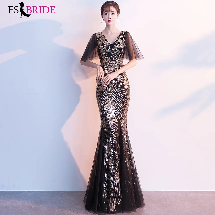 

Saudi Arabia Mermaid Evening Dresses ES2889-1 Gold Sequined V-Neck Short Sleeve Luxury Sparkle Evening Gowns Abiye Gece Elbisesi