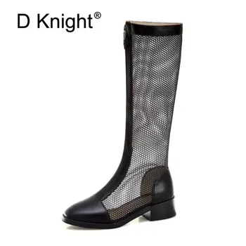 

2020 Shoes Women Summer Boots Mesh Shoes Sexy 4cm Thick Heels Hollow-out Rome Style Zipper Keen High Boots Shoes Plus Size 32-43