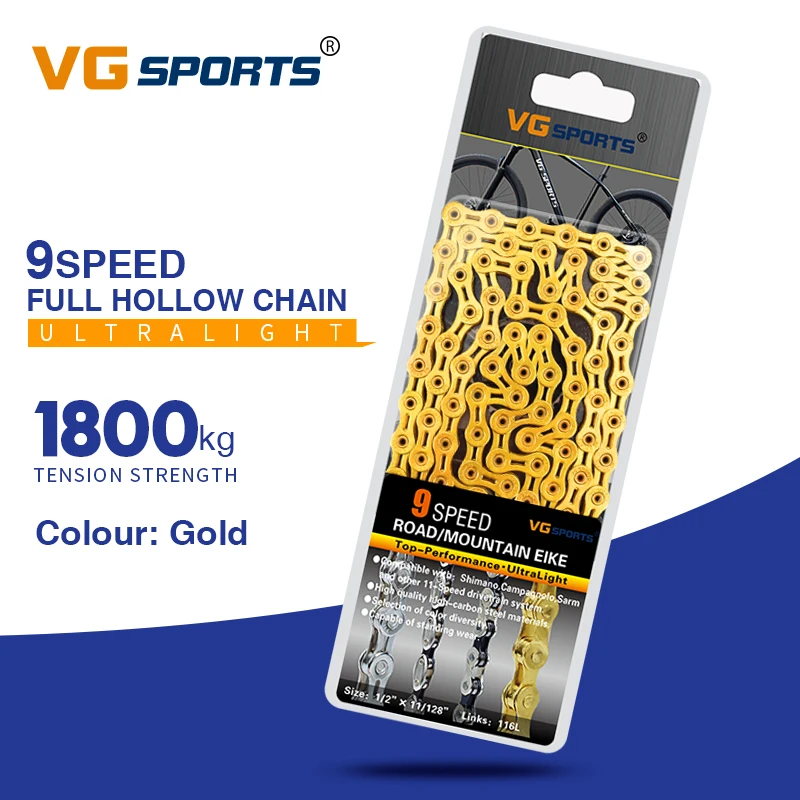 9s full hollow gold VG Sports 8 9 10 11 цепь для скоростного велосипеда Серебряная полуполая велосипедная цепь для горного велосипеда полые цепи сверхлегкие 116л золотые - Цвет: 9s full hollow gold