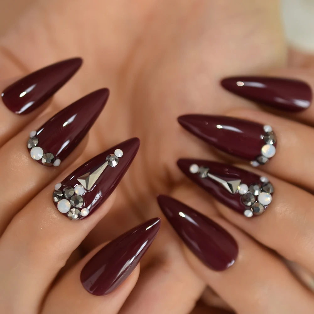 Glossy Burgundy Brown Red 24pcs Stiletto Shape Fake Nails 3d Rhinestones  Pointed Ladies Press On Pre Designed False Nail Tips - False Nails -  AliExpress